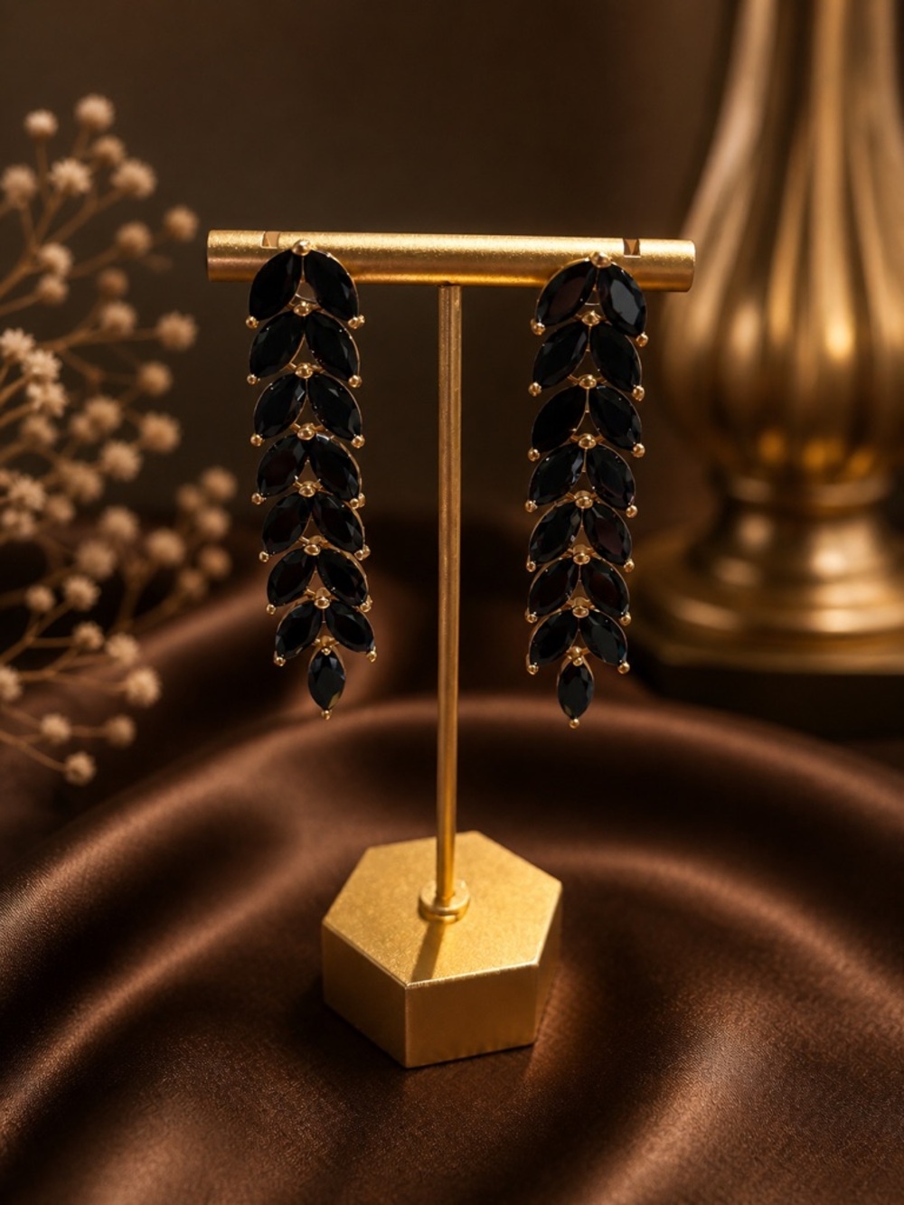 18k plated Elegant Black Marquise Dangle Earrings - Gold Accents 925 posts